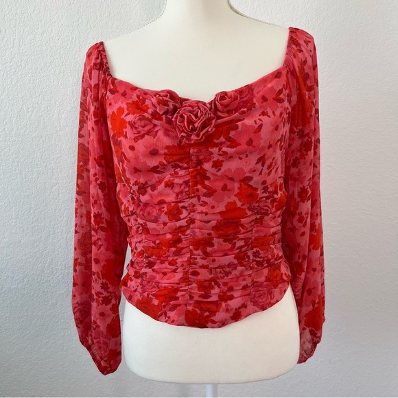 Free People Oh Lala Red Pink Floral Top Size Large - Picture 2 of 11